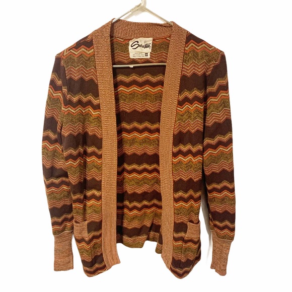 Vintage Sweaters - Vintage Sebastian Size 10 Brown Woven Chevron Wool‎ Open Cardigan